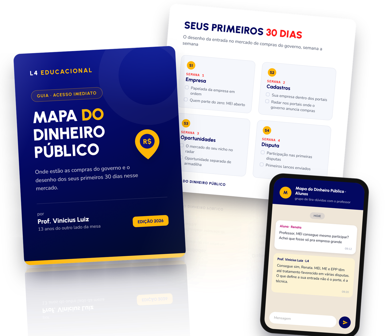 Mapa do Dinheiro Público: capa do guia, desenho das 4 semanas e grupo de alunos no celular